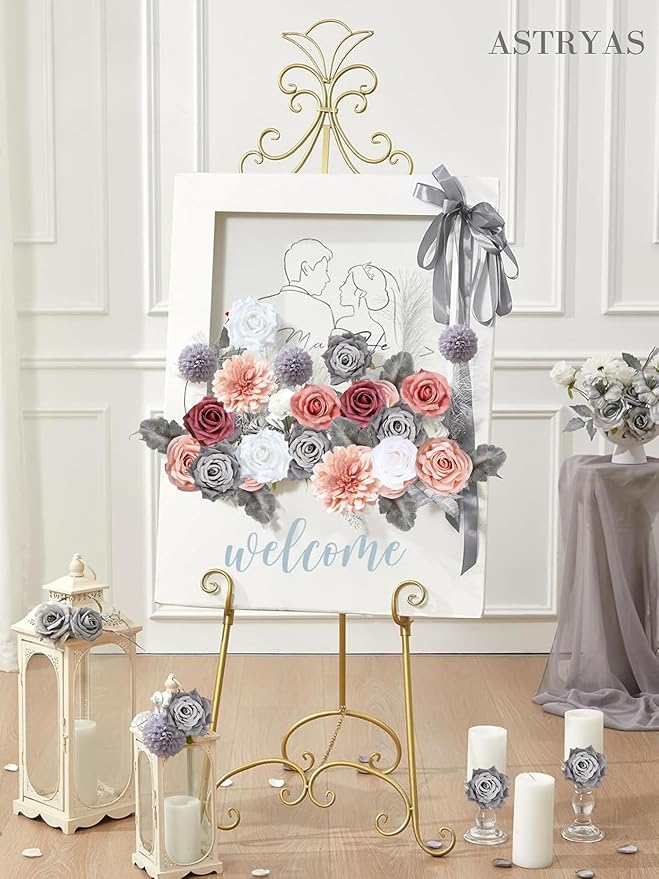 ASTRYAS Artificial Flowers Combo Box Set, Pink Mix Silk Flowers Dahlia Roses with Stems for DIY Wedding Bouquets Centerpieces Arrangements Party Bridal Baby Shower Home Decorations, Gray & Pink