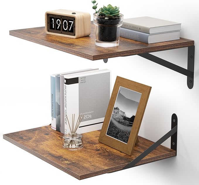 Deep Floating Shelves for Wall, 16W x 12D Wood Wall Shelves Set of 2, Rustic Wood Floating Shelves, Wall Mounted Hanging Shelf for Living Room, Kitchen, Office, Bathroom and Bedroom Decor