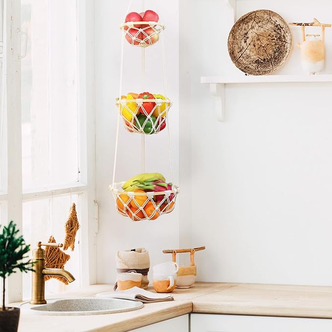 3 Tier Macrame Hanging Fruit Basket, Boho Vegetable Holder for Kitchen Food Storage with Hook, Bohemian Cotton Produce Multi Organizer, Plant Hanger Decor for Home Living Room Women Christmas Gift