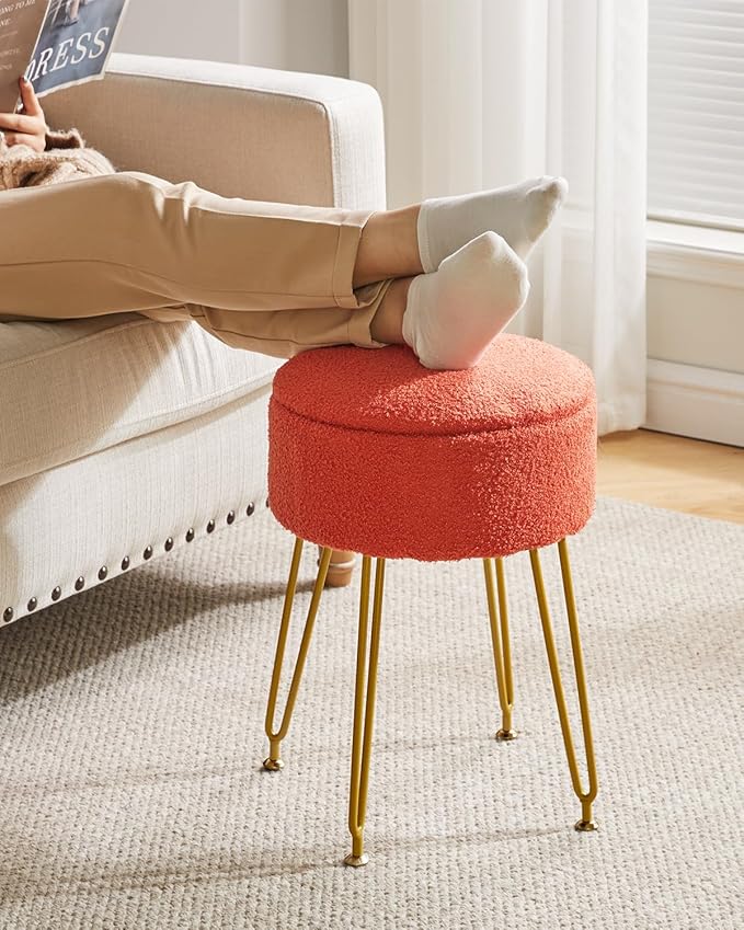 IBUYKE Teddy Velvet Storage Footrest Stool Ottoman, Makeup Vanity Stool Side Table with Removable Cover, Golden Steel Legs, Coffee Table Top Cover, Orange WBD010J
