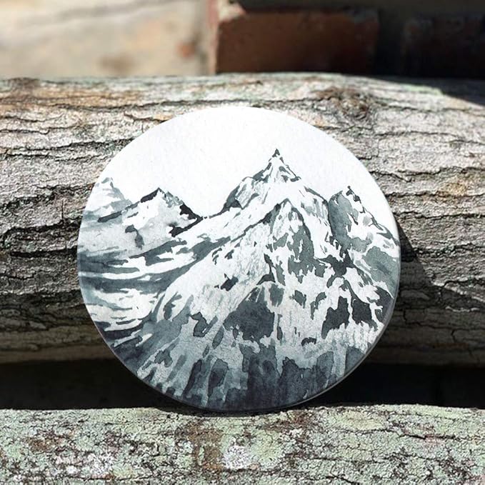 Lahome Mountain Range Coasters - Round Drinks Absorbent Stone Coaster Set with Ceramic Stone and Cork Base for Kinds of Mugs and Cups (Mountain Range, 4)