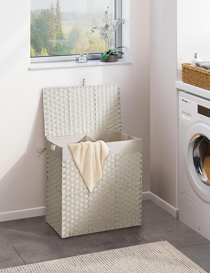 Greenstell Laundry Hamper with 2 Removable Liner Bags,90L Divided Clothes Hamper, Handwoven Synthetic Rattan Foldable Laundry Basket with Lid and Handles White (18.5 x 13.3 x 24.0Inches)