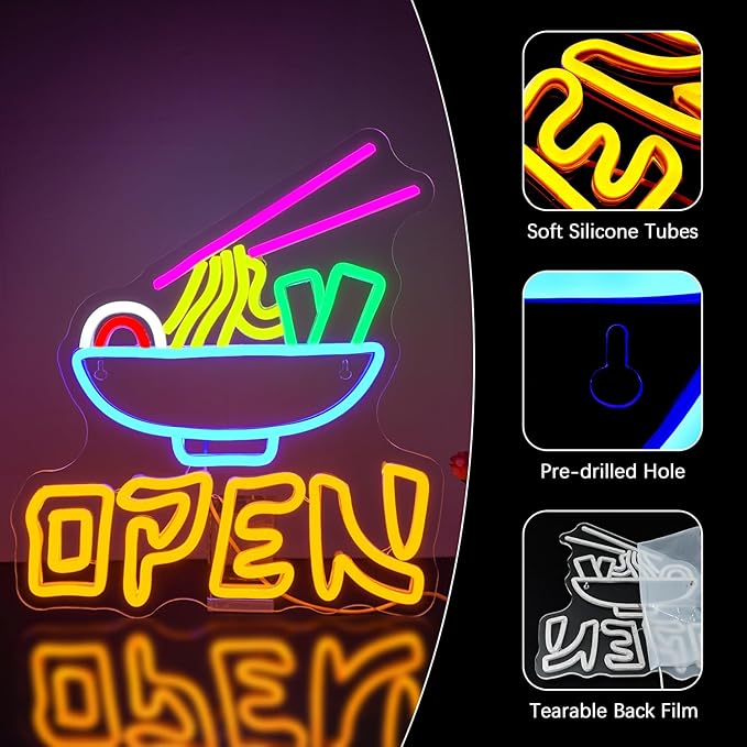 NEONLOVE Ramen Neon Sign Noodle Open Neon Signs for Wall Decor Ramen Neon Light Up Sign Colorful LED Sign Lights for Japanese Ramen Neon Lights for Restaurant Kitchen Fast Food Bar Club Dinner Party