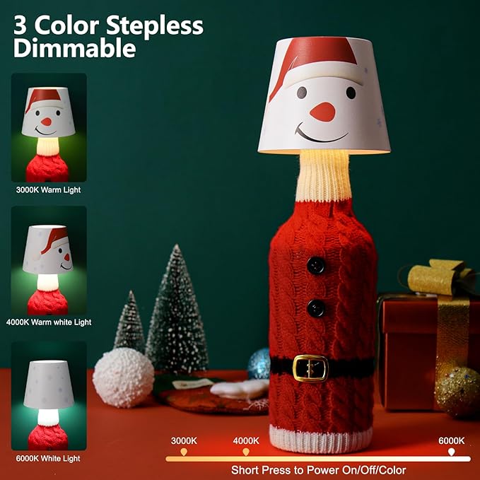 Wireless Bottle Lamp Shade,Rechargeable LED Portable Cordless Table Lamp, 3 Colors Stepless Dimming Touch Wine Bottle Lights for Outdoor Bars Dining Bedroom (Snowman)