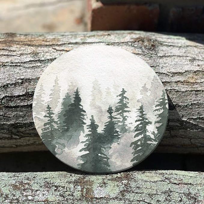Lahome Forest Pattern Coasters - Round Drinks Absorbent Stone Coaster Set with Ceramic Stone and Cork Base for Kinds of Mugs and Cups (Forest, 4)