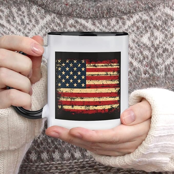 Mugs for Women, Coffee Cups Ceramic Mug, America Flag Vintage Black Tea Cups with Handle for Men, 11.2oz Ceramic Cup for Home Unique Coffee and Tea Mug Aesthetics