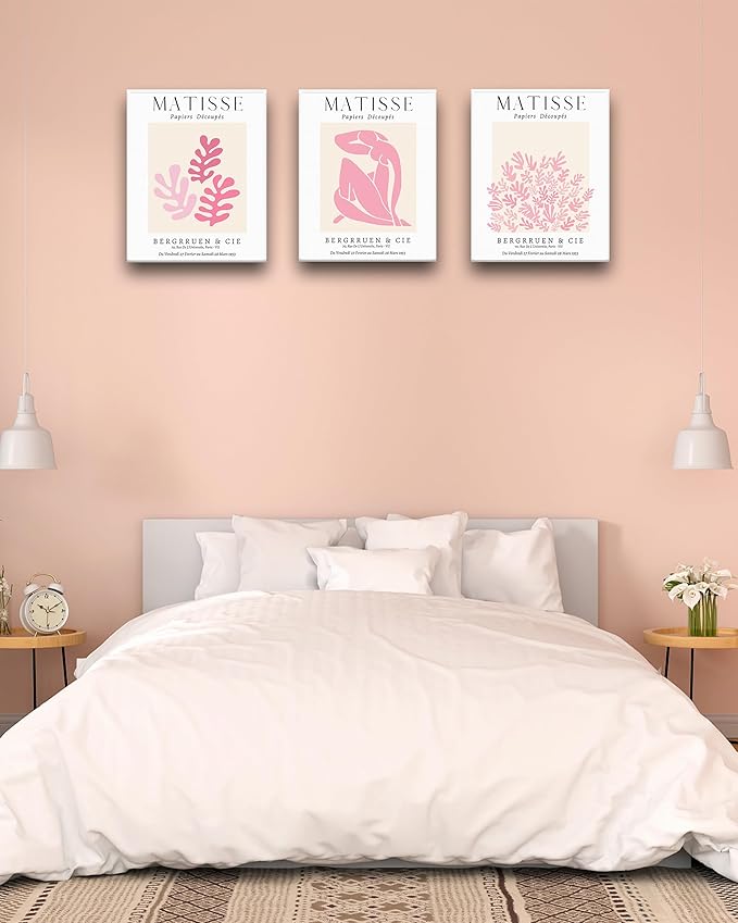 HesenDot Framed Matisse Pink Wall Art Set of 3,Minimalist Wall Decor,12x16IN Canvas Prints,Boho Cute Art Poster Home Decoration for Bathroom Bedroom