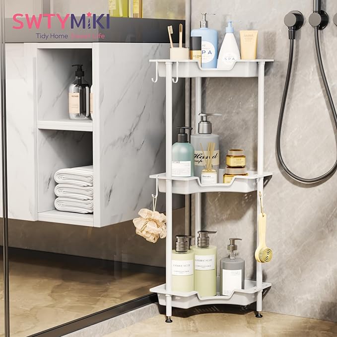 SWTYMIKI Corner Shower Caddy Standing - 3 Tier Floor Standing Shower Organizer with 4 Hooks, Plastic & Stainless Steel Waterproof Corner Stand Shower Shelf Storage Rack for Bathroom, Bathtub, White
