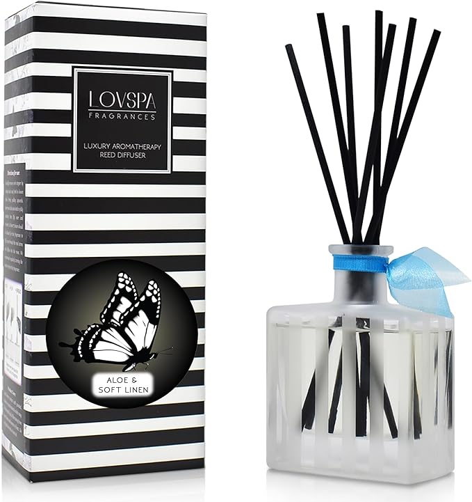 LOVSPA Aloe & Linen Reed Diffuser Set - Clean Scent Diffuser for Home with Long Lasting Fragrance - Non-Toxic Oil Reed Diffuser - Made in The USA