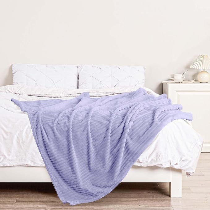 Bnuitland Light Purple Flannel Throw (60X80 inches) with Storage Pouch,300GSM Super Soft Fleece Stripe Pattern Sofa Blanket for Adults, Lightweight Cozy Bed Throw for Home Decor All Season