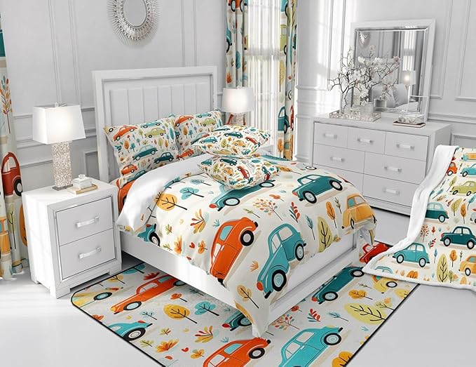 Feelyou Cartoon Car Shower Curtain Boys Girls Luxury Car Fabric Shower Curtain for Kids Colorful Tree Bathroom Waterproof Accessories with 12 Hooks Colorful Car Curtains,72x84 Inches