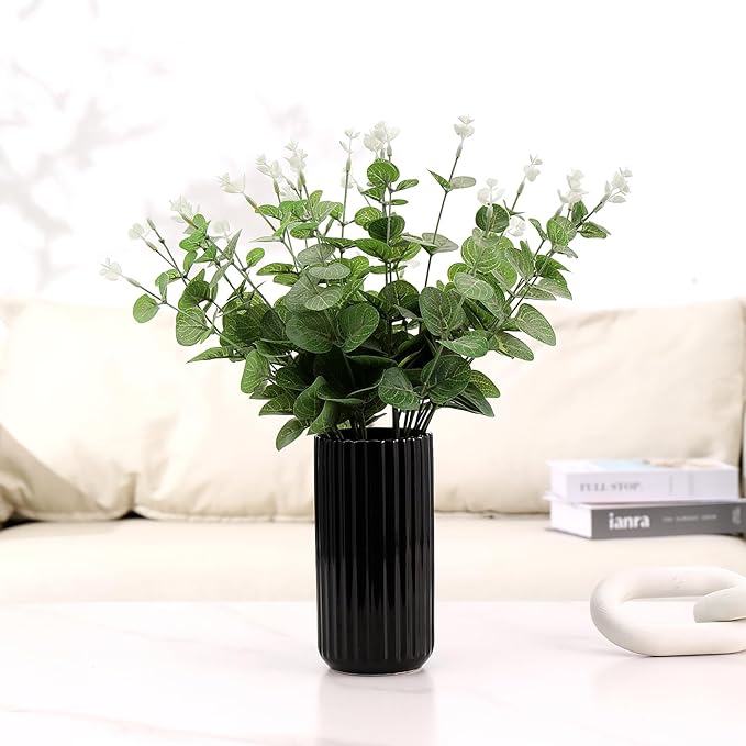Black Ceramic Vase for Flowers, Modern Black Vase for Home Decor, Tall Ribbed Vase for Living Room, Office, Mantel, Bookshelf, Dining Table, 8 inches