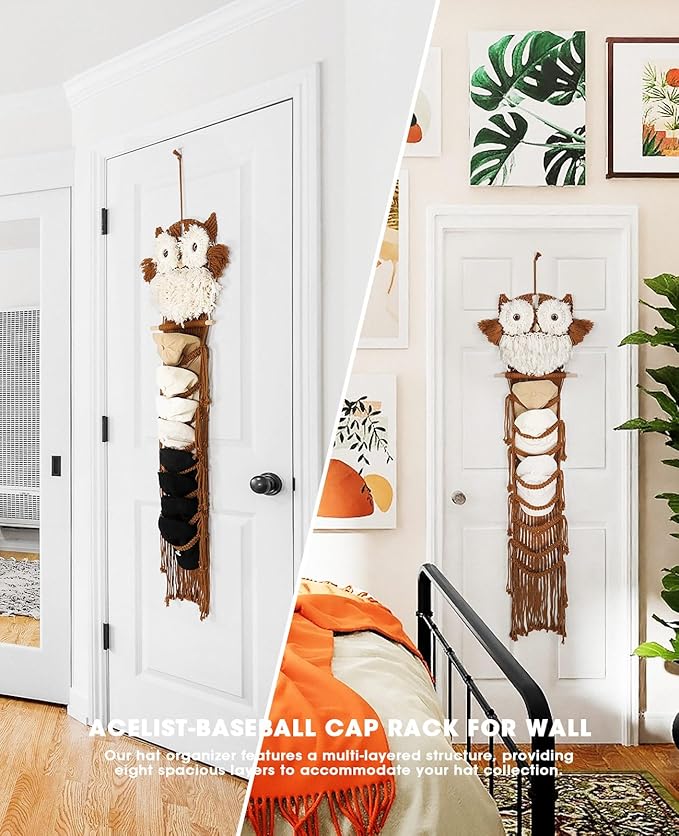 AceList Large Owl Decor - Handcrafted Macrame Hat Hangers for Wall and Door - Stylish Hat Organizer for Baseball Caps, Macrame Wall Hanging for Bedroom, Living Room, Kitchen Decor