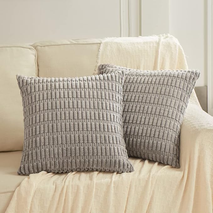 Fancy Homi 4 Packs Grey Decorative Throw Pillow Covers 26x26 Inch for Living Room Couch Bed, Rustic Modern Farmhouse Boho Home Decor, Soft Plush Corduroy Gray Cute Square Accent Cushion Case 66x66 cm