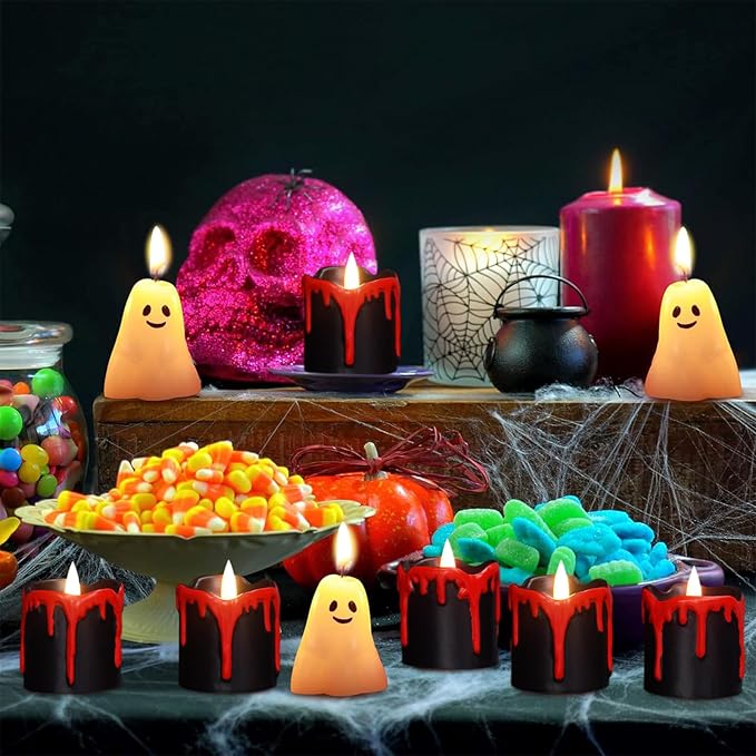 DRomance Black Flameless Votive Candles Battery Operated with Timer, 350 Hours Blood Dripping Small Real Wax Flickering LED Tea Light Candles Dinner Fall Halloween Decoration Lights(6 Pcs, 2" x 2.2")
