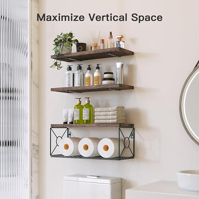 Amada Bathroom Shelves Over Toilet with Storage Basket, Floating Bathroom Wall Shelves for Home Organization & Wall Decor, Bathroom/Kitchen/Living Room Shelves–Rustic Brown