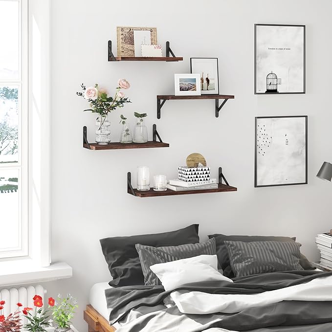 YGEOMER Floating Shelves for Wall, Different Sizes Dark Carbonized Pine Wall Shelves for Living Room, Bathroom, Bedroom, Kitchen, Home Decor (Set of 4)