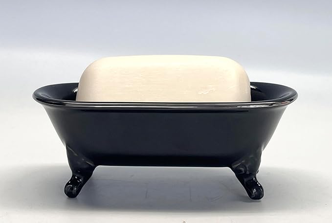 6.5" Ceramic Mini Decorative Clawfoot Bathtub Bar Soap Dish, Kitchen Sponge Holder and Shower Tray for Bathroom, 1 Pack (Black Silver Rim)