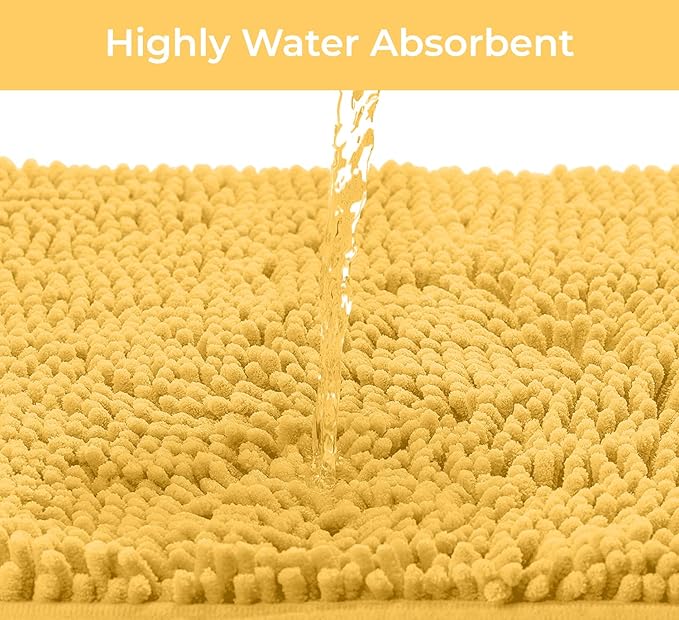 Bathroom Rugs Sets 2 Piece, Luxury Chenille Bath Mat Set, Soft Plush Anti-Slip Bath Rug + U-Shaped Toilet Mat. Microfiber Shaggy Carpet, Super Absorbent (24” x 36” & 20” x 24” U, Yellow)
