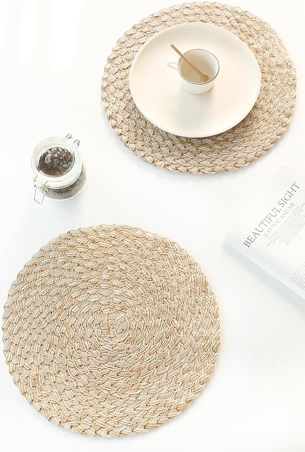 Floroom 15 Inch Round Braided Placemats Set of 6, Washable Heat Resistant Cotton Polyester Circle Boho Place Mats for Kitchen Dining Table - Dunes Khaki