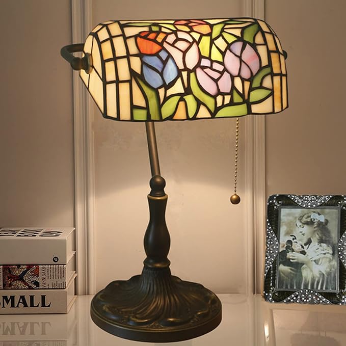 Tiffany Style Bankers Table Lamp Stained Glass Piano Desk Lamp Vintage Bedroom Bedside Lamp for Study,Antique Alloy Base,Zipper Switch,Tulip