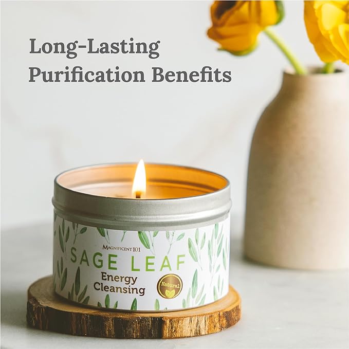 Magnificent 101 Long Lasting Pure White Sage Leaf Scented Smudge Candle | 6 Oz - 35 Hour Burn | Paraffin Free Soy Candle for House Energy Cleansing, Purification & Manifestation