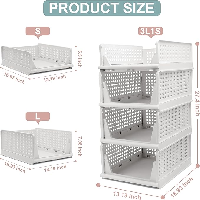 Stackable Foldable Storage Baskets, Folding Storage Bins, Closet Organizers and Plastic Drawer Shelf Storage Container for Wardrobe, Cupboard, Kitchen, Bathroom, Office (White, 3L1S)