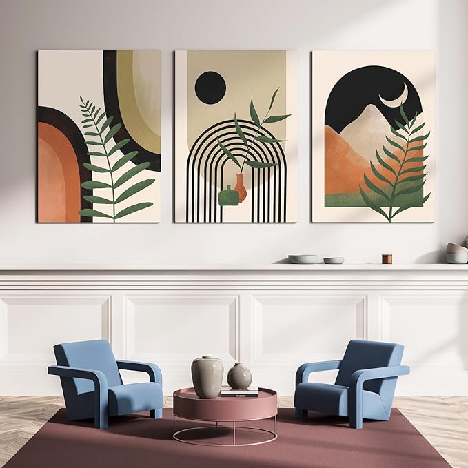 Large Framed Boho Wall Art Painting,Boho wall art,Room Decor, Mid Century Modern Wall Art,Neutral Abstract Geometric Prints Black Beige Orange Minimalist Art Framed Canvas Prints for bedroom Bathroom 16" x 24"