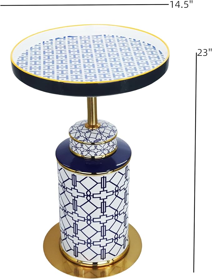 Diamond Pattern Vase-Shaped Side Table with Ceramic Tile Top – Accent Table for Coffee, Tea, or Nightstand Use in Living Room, Bedroom, Indoor & Outdoor Spaces