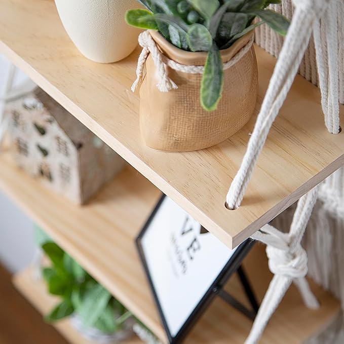 jontell Macrame Wall Hanging Shelf- Macrame Shelves Handmade Decorative Floating Boho Shelf-Plant Shelf Display Rack to Organize and Decor for Living Room, Bedroom, Bathroom