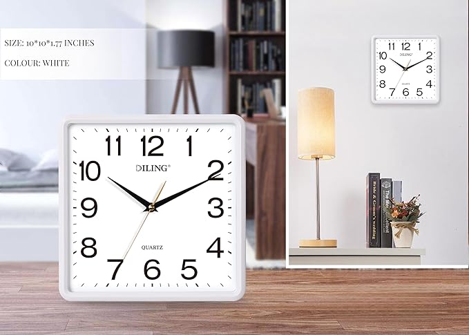Square Wall Clock 10 Inch Silent Non Ticking Quality Quartz High Accuracy Battery Operated Office Living Room Bedroom Kitchen or Study Decor(Pearl White)