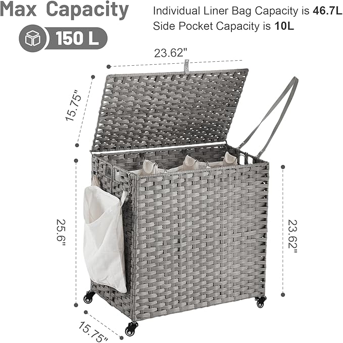 Laundry Hamper with Wheels, 39.6 Gallon(150L) Rolling Laundry Basket with Lid, 3-Section Rattan Clothes Hamper with 3 Removable Liner & 3 Mesh Bags, Laundry Sorter with Side Pocket, Grey