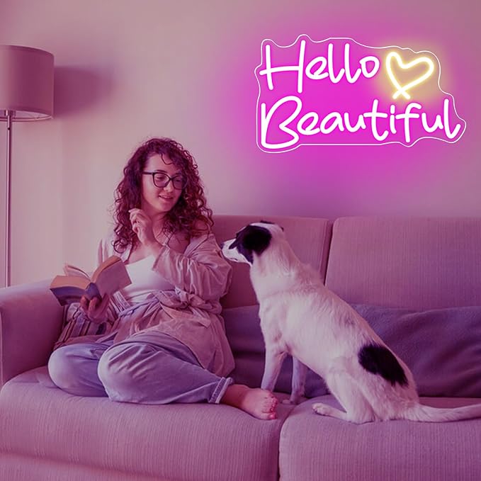 Hello Beautiful Neon Signs, Led Neon Light for Wall Decor for Bachelorette Party Birthday Engagement Party Wedding Decoration with Switch 16 x 8.9''(Pink + Warm White Heart)