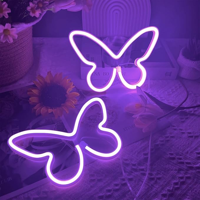 2 PCS Butterfly Neon Signs Purple Butterfly LED Neon Light for Bedroom,USB/3AA Battery Powered Neon Light Sign Wall Art for Valentines Day Birthday Wedding Party Home Bar Decorations