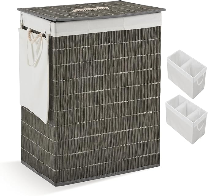 Laundry Hamper with Lid, 55.5 Gallon (210L), Large Handwoven Rattan Laundry Basket, 3 Section Clothes Hamper with Handles, 2 Removable Liner and Side Pocket, Grey