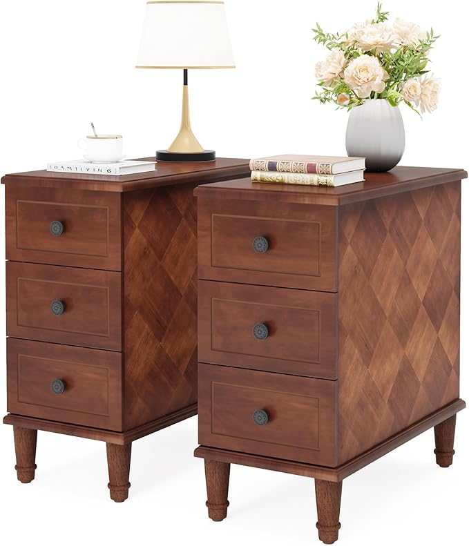 Tribesigns Solid Wood End Table, Fully Assembled Narrow Side Table with Drawers, Pre-Assembled Nightstand Slim Bedside Table for Small Spaces, Living Room, Bedroom, Brown, 2 Pcs