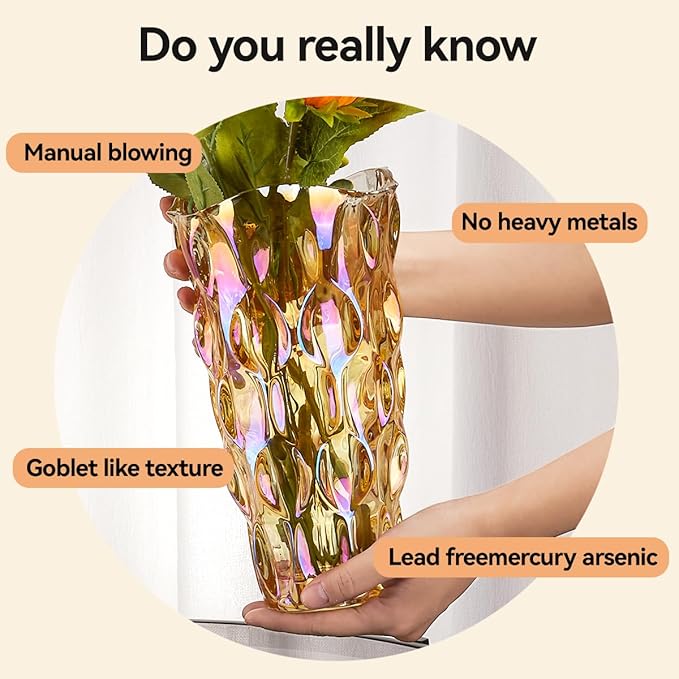 CEMABT 9.5inch 3.4 lb Glass Vases for Flowers Unbreakable Thickened Morden vase for Tables Centerpieces,Colorful,Vintage and Clear Rose Large Flower vases for Bouquet Unique Gifts(Gold)