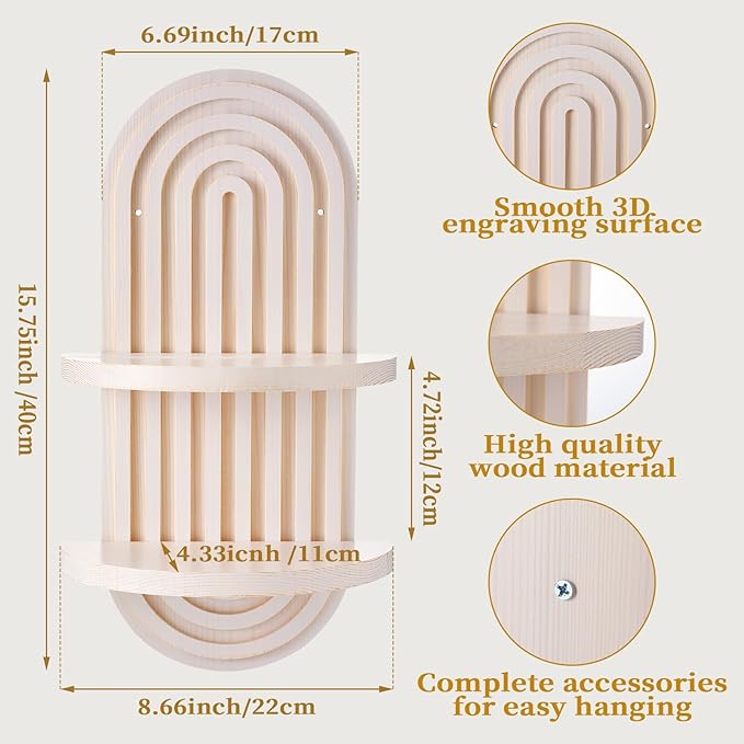 Wenqik 2 Pcs Boho Wall Shelf Rainbow Arch Wooden Floating Shelf Mid Century Bohemian Hanging Holder Double Vintage Wall Mount Altar Decor for Nursery Bedroom 15.75 x 6.69 Inches(White)