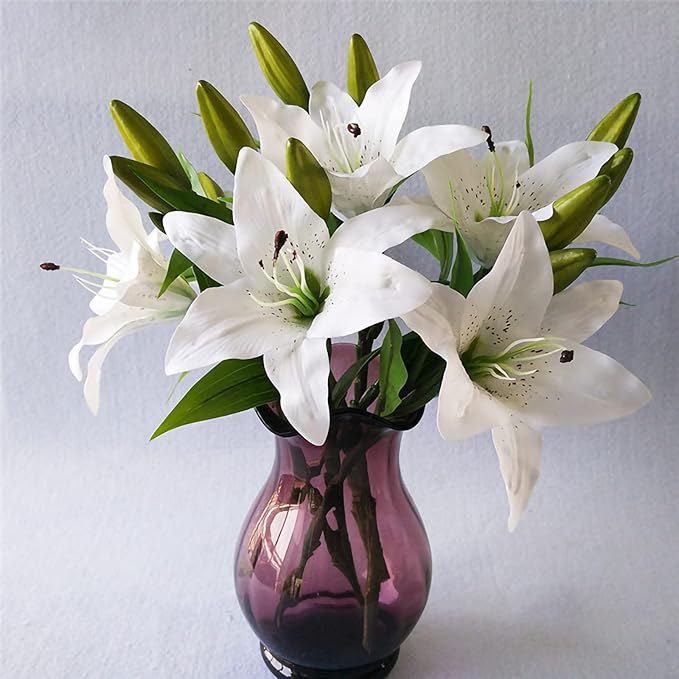 Hananona 8 Pcs Artificial Tiger Lily Real Touch Easter Lily Fake Spring Flowers for Wedding Home Party Easter Decoration Plastic Cemetery Faux Flowers (White, 8)