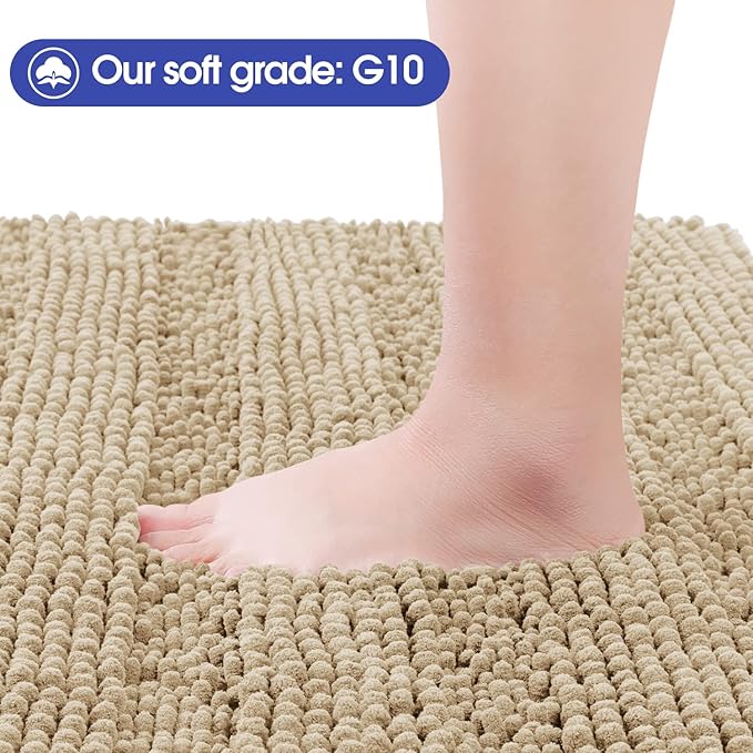 ACCUMTEK Striped Beige Bathroom Rug Set 3 Pieces Ultra Soft, Non Slip Chenille Toilet Mat, Absorbent Plush Shaggy Bath Mats for Bathroom, Bedroom, Kitchen