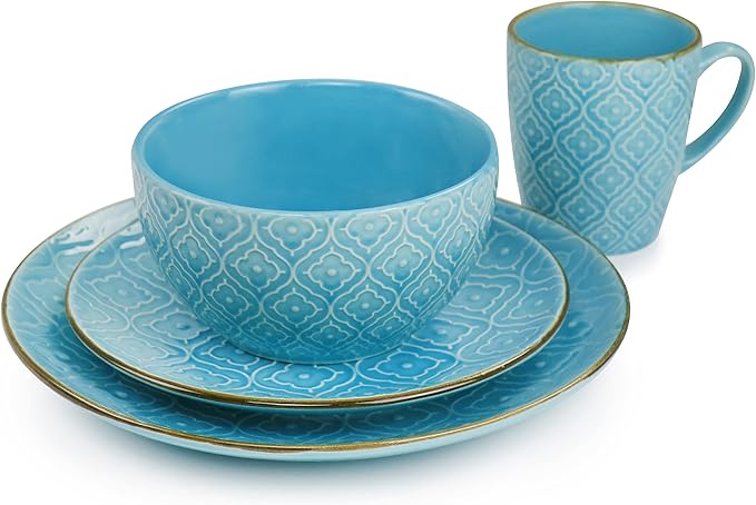 Elama Aqua Lily 16 Piece Luxurious Stoneware Dinnerware with Complete Setting for 4