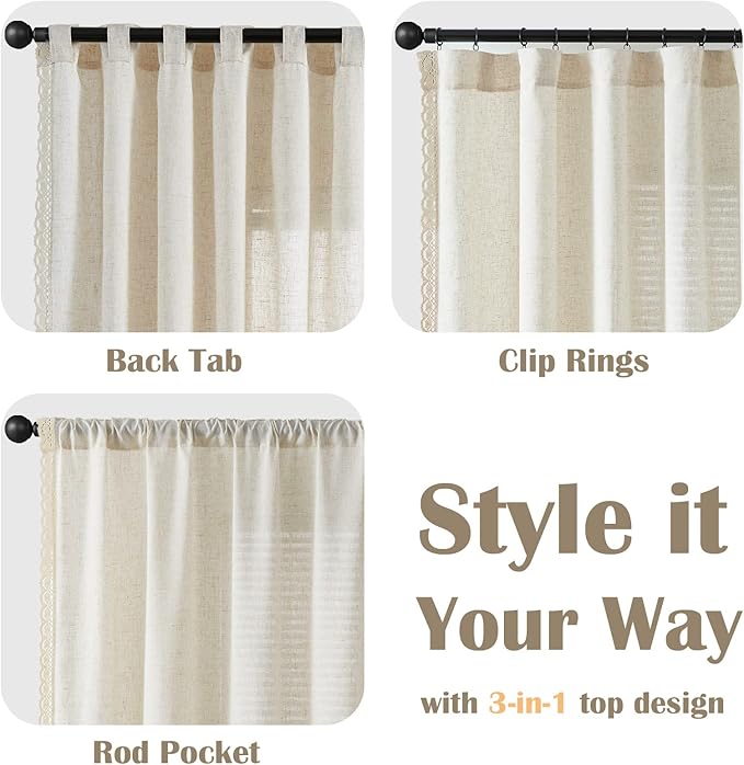 jinchan Linen Light Filtering Curtains 50W x 96L Inch Ecru for Living Room Farmhouse Boho Laced Curtains Back Tab Rod Pocket Drapes 2-Panel Set
