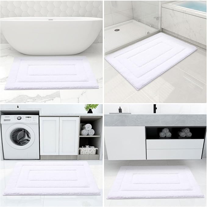 Buganda Bathroom Rugs, 30" x 20", Soft and Absorbent Microfiber Bath Rugs, Non-Slip Shaggy Shower Carpet, Machine Wash Dry Bath Mats for Bathroom Floor, Tub and Shower, White