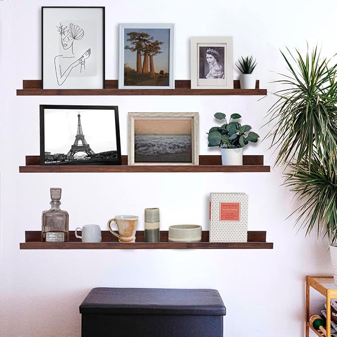 MBYD Floating Shelves 3 Same Dimensions, 48 Inch Deep Walnut Solid Wooden Shelves for Wall, Wall Mount Picture Ledge Shelf, Hanging Photo Display Shelf for Bedroom, Kitchen, Office, Living Room