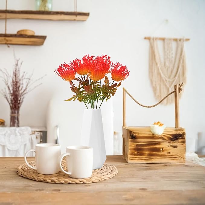 6 PCS Artificial Fall Flowers UV Resistant Fake Plastic Protea Cynaroides Floral Bouquets Fake Spider Mum Flower Arrangement Table Centerpieces Home Kitchen Office Indoor Outdoor Decor