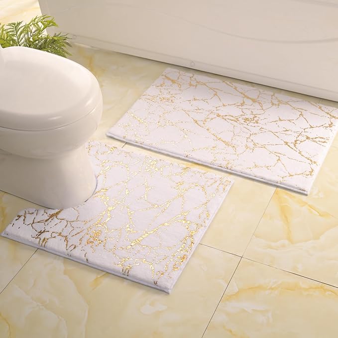 QJHOMO Toilet Rugs U Shaped White and Gold Bathroom Rugs, Gold Decor Toilet Mat Contour Bath Rug Marble Bathroom Accessories, Extra Thick Carpet Non Slip Floor Mats Machine Washable (20x20 inch)