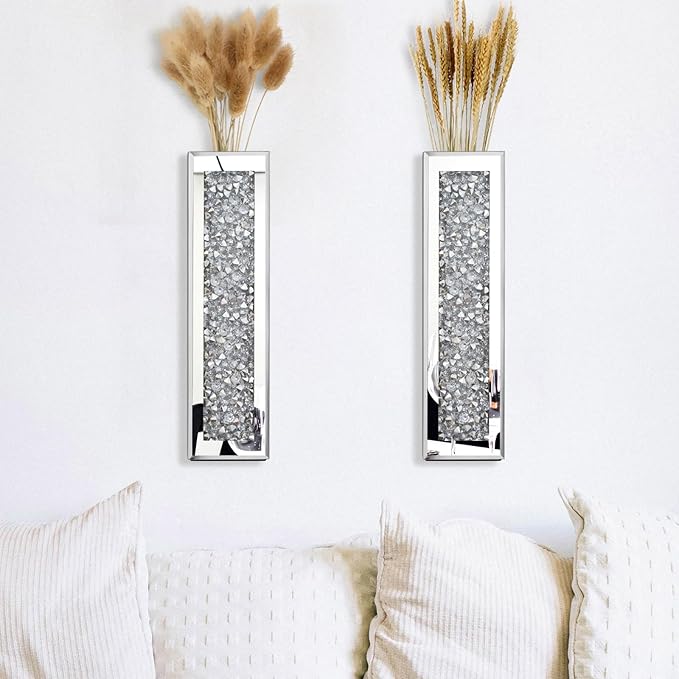 Crystal Crushed Diamond Mirrored Vase Silver Wall Flower Vase Gorgeous Decorative Glass Hanging Planter & Container for Living Room Bedroom Home Decor.Can't Hold Water(Set of 2)
