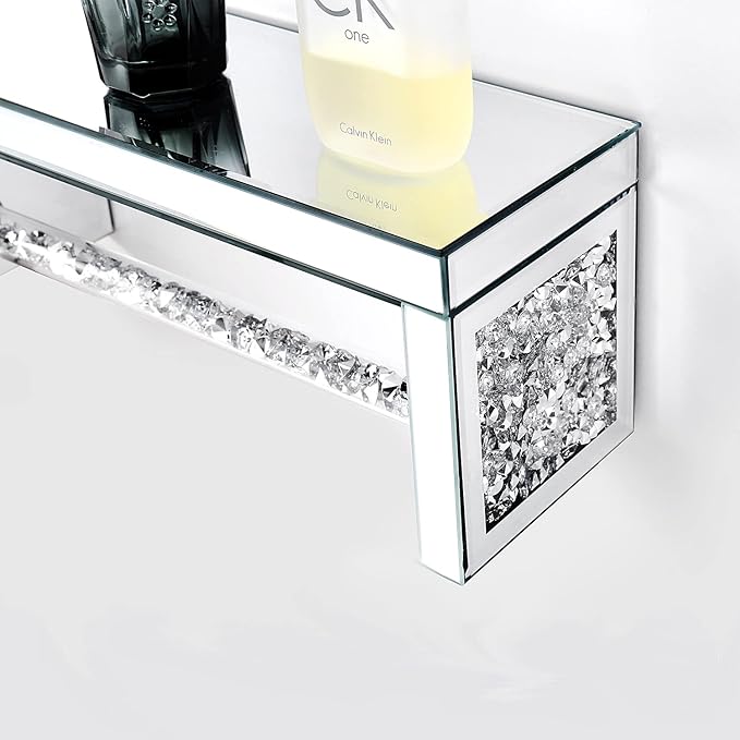 TACIDON Glass Mirrored Wall Shelf. Wall Mounted for Over Toilet. Glamorous Crystal Diamond Glass Towel Bar. Decorative Storage Glass Shelf for Bathroom, Kitchen or Bedroom.(Silver)