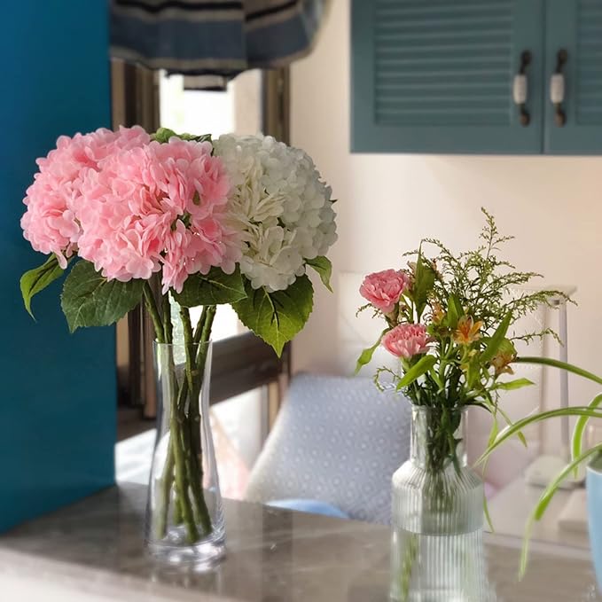 RUZUQE 4 Pcs Hydrangea Artificial Flower 2 White + 2 Pink 21'' Long Stem Lifelike Real Touch YalzoneMet Hydrangea Latex for Home Kitchen Decoration Bridal Bouquet Wedding Outdoor Decor