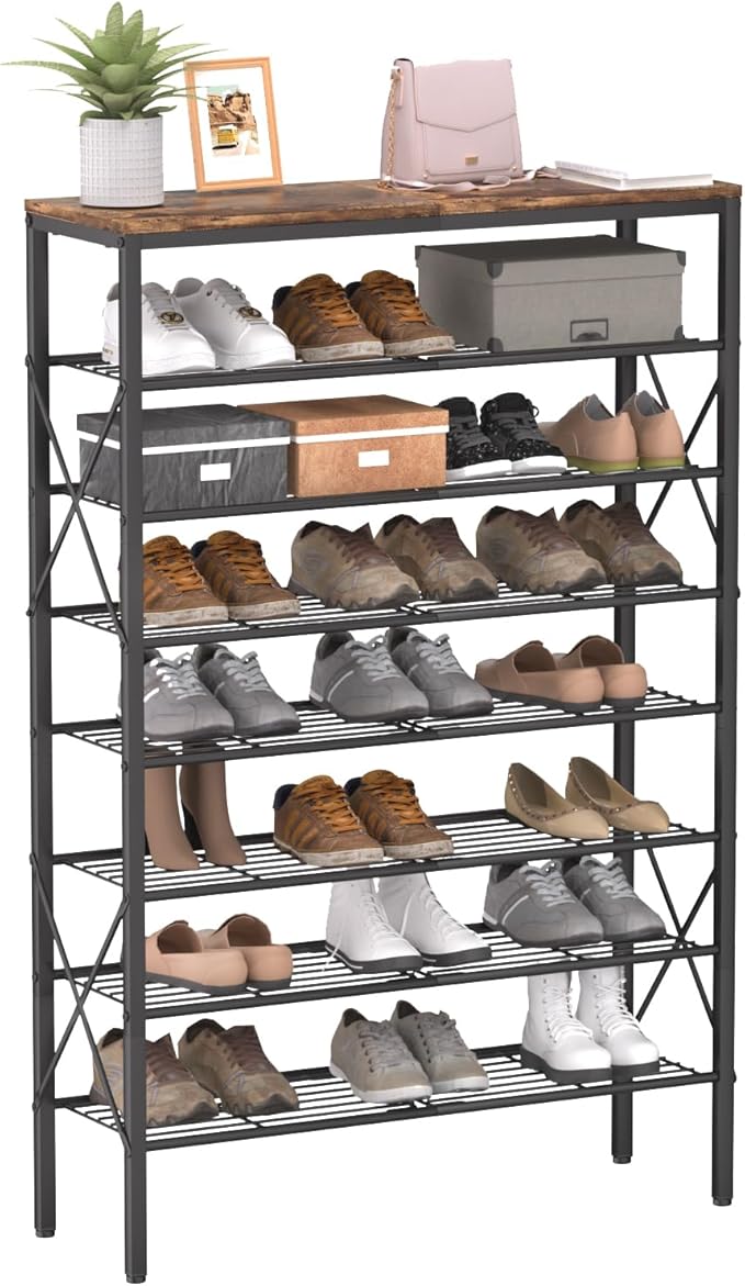 8 Tiers Tall Shoe Rack Organizer, Large Capacity Shoe Rack Holds 32 Pairs of Shoes, Durable and Stable, Adjustable Metal Shelf Stackable Shoe Shelf for Entryway, Hallway, Living Room, Closet